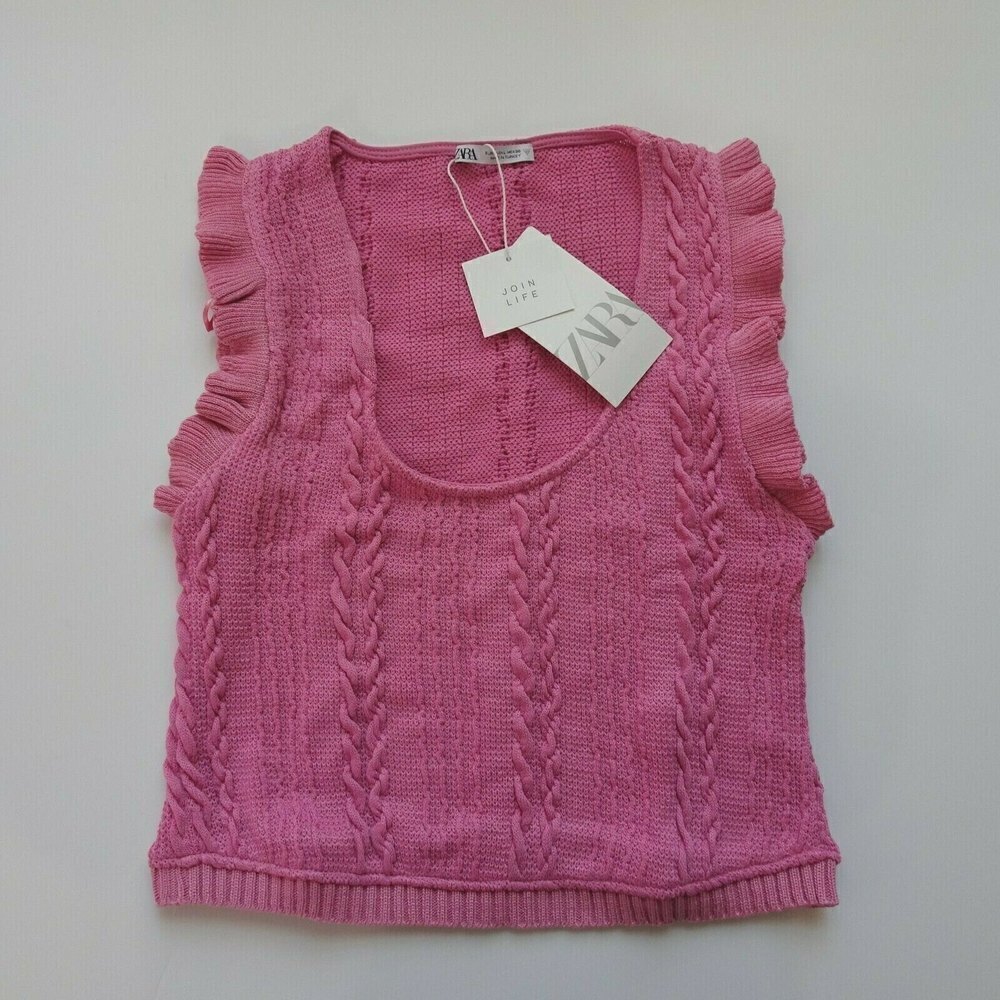 NWT Zara Sleeveless Ruffle Top Blouse Cable-Knit Pink Scoop Neck Stretch L - Picture 12 of 13